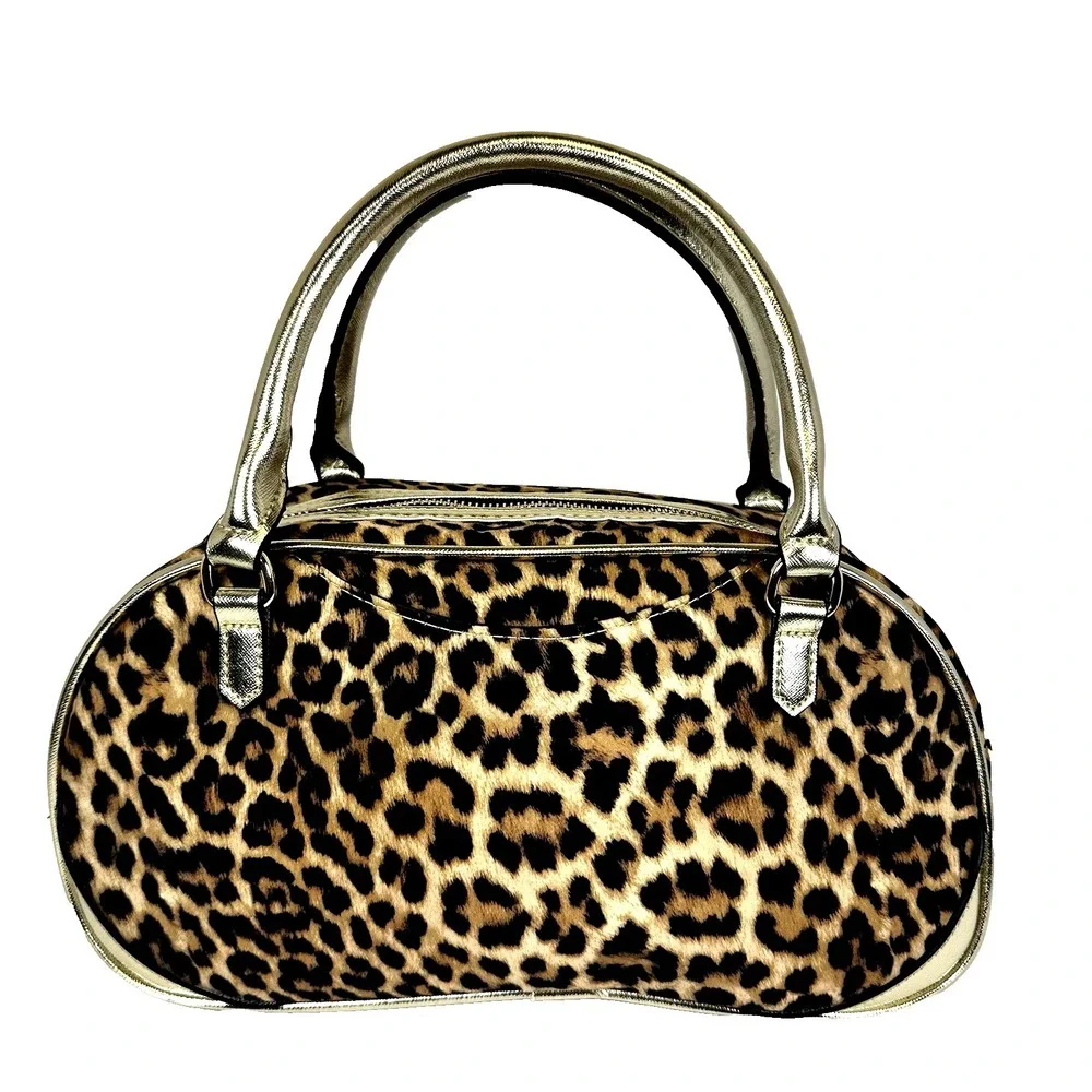 Paris Hilton Leopard Bowler Bag Rhinestone Logo Gold Heart Charm‎ Y2K